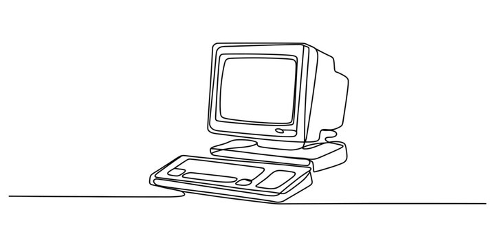 Vintage computer, old desktop PC, retro technology, line art illustration, vector graphics