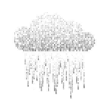 Vector abstract cloud computing silhouette formed by black binary code particles and data rain on transparent background for technology digital artificial intelligence and cloud storage concept