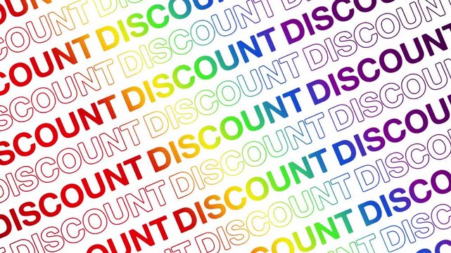 DISCOUNT neon glow text opening motion animation video, ecommerce marketing repeating scrolling text kinetic typography seamless loop intro social media rainbow type on white backdrop bg outro