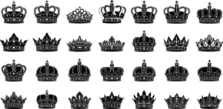 Set of vintage royal crowns silhouettes collection isolated on white background, ornate king and queen crown vector icons with decorative detailed design elements