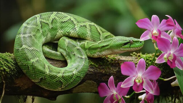 Green Emerald Tree Boa snake coiled on a mossy branch near pink orchids in a tropical rainforest jungle environment