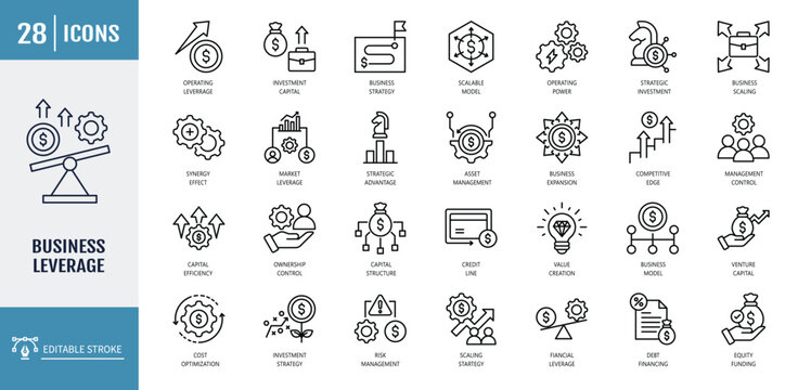 business leverage icon set. Inclding competitive edge, economic scale, synergy effect, strategic advantage, growth potential. outline icon set. vector illustration with editable stroke