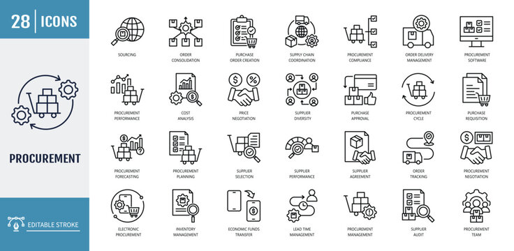procurement icon set . Including selection, purchase requisition, request for proposal, request for quotation. outline icon set. vector illustration with editable stroke