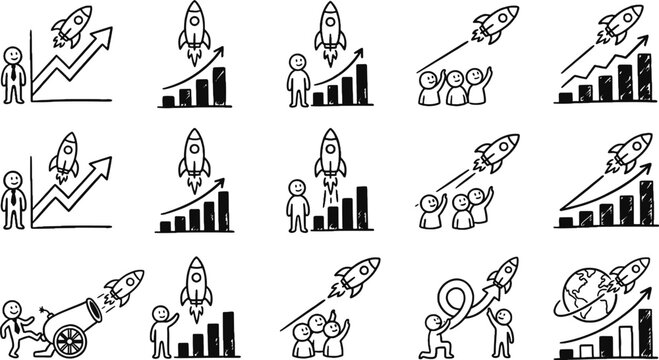 Large set of hand drawn doodle business icons featuring rocket ships launching above growth charts and financial bar graphs representing startup success career ambition professional development and gl