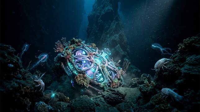 Alien artifact on ocean floor with marine life