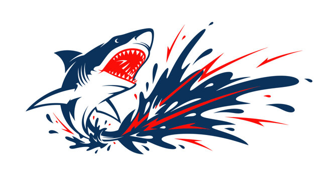 Aggressive Shark Jumping Out of Water with Splashes, Red and Blue Colors