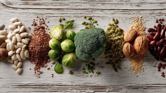 Assortment of healthy dry goods and vegetables on rustic wooden surface with flax seeds