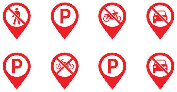 Set of black Navigation pin icons for parking restrictions and no entry for vehicles representing traffic control map location and urban regulation concept minimalist vector illustration design.