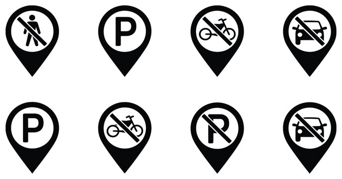 Set of black Navigation pin icons for parking restrictions and no entry for vehicles representing traffic control map location and urban regulation concept minimalist vector illustration design.