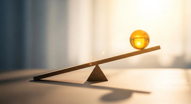 Conceptual wooden lever balancing a glowing golden sphere