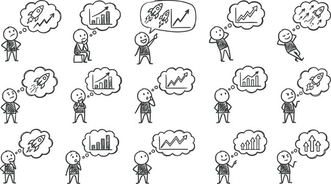Large set of hand drawn doodle business characters thinking about success featuring speech bubbles with rocket ships growth charts and profit graphs for startup motivation strategic planning career de