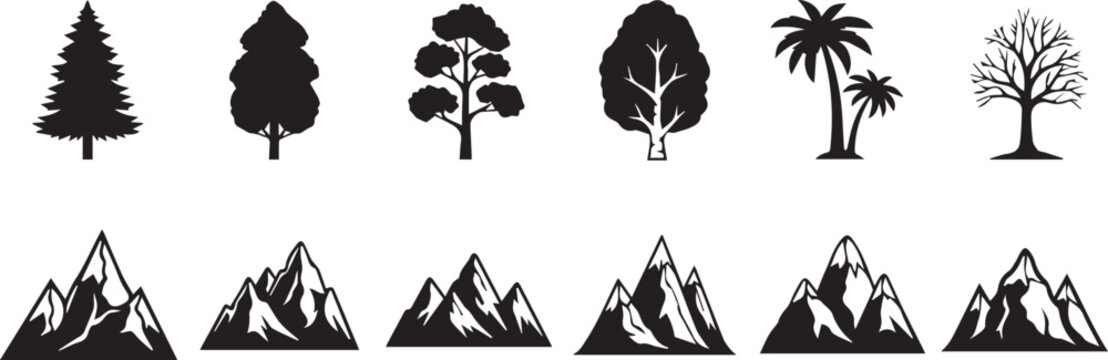 Nature's Silhouette: A collection of stylized tree and mountain silhouettes in stark black against a clean, uncluttered background, representing the timeless beauty of the natural world.