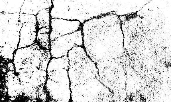 Black and white grunge cracked concrete wall texture overlay with deep fractures and granular distressed surface on white background