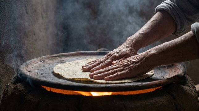 Oaxacan Tlayuda on Clay Comal &mdash; Hands Pressing Masa, Firelight from Below