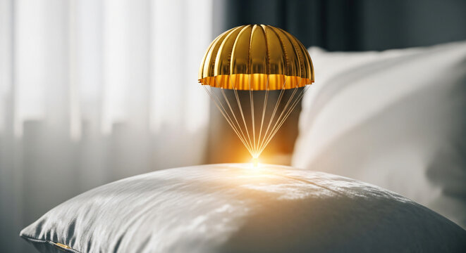 Gold parachute landing on a soft grey pillow conceptual art