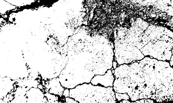 Black and white grunge cracked concrete texture overlay with deep fractures granular damage and distressed stained surface on white background