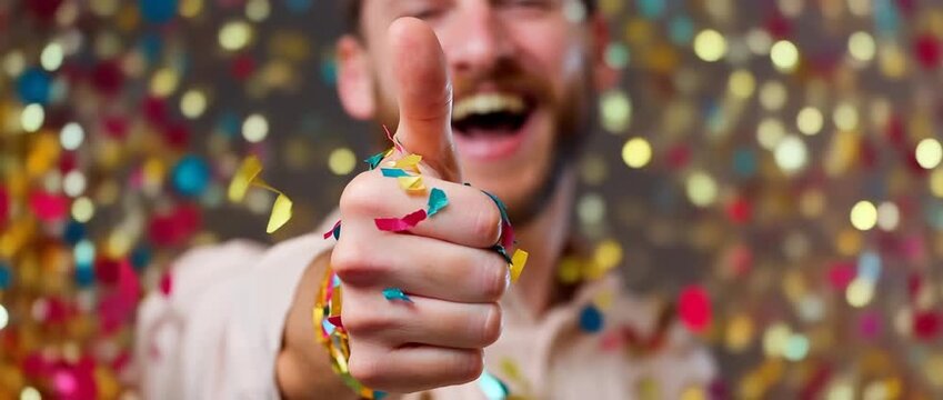 A person expressing joy, pleasure, and happiness with a thumbs-up gesture against a vibrant confetti backdrop