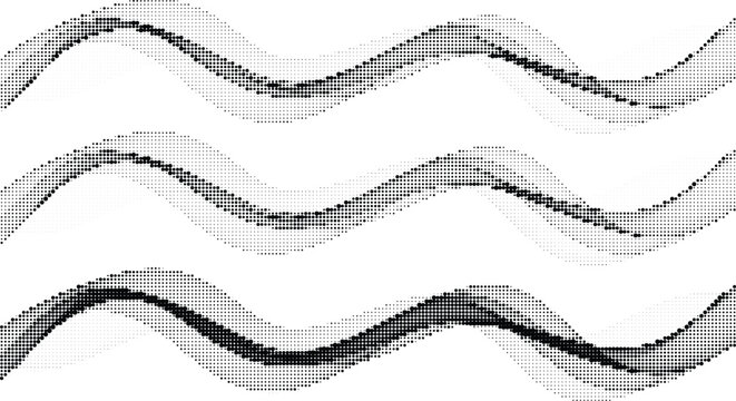 Set of three halftone wave borders with black pointillism effect on transparent grid vector design for website banners.