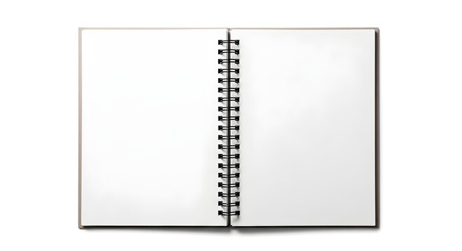 Open spiral notebook with blank white pages isolated on white background