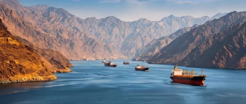 A small channel between desert mountains is traversed by cargo ships. Concepts of international trade and marine logistics