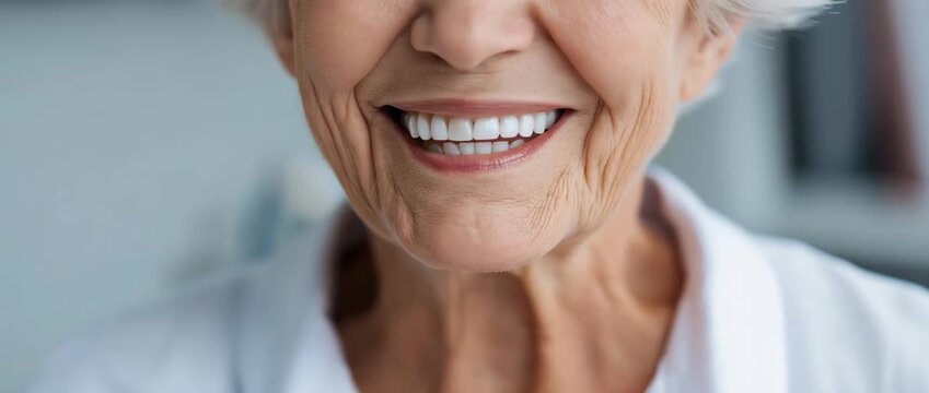 An elderly woman adjusting all of her dentures in her mouth
