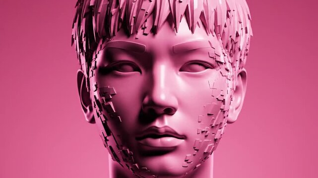 Pink 3D digital human head face sculpture glitching and distorting in a futuristic technological concept
