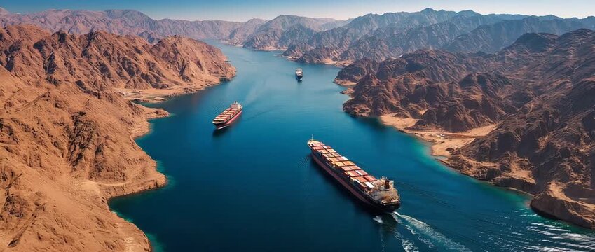 A small channel between desert mountains is traversed by cargo ships. Concepts of international trade and marine logistics