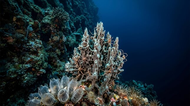 Underwater coral reef with sponges and sea squirts