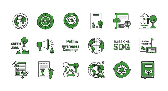 Sustainable Development Goals icon set, green ecology and carbon footprint vector elements, environmental public awareness campaign graphics