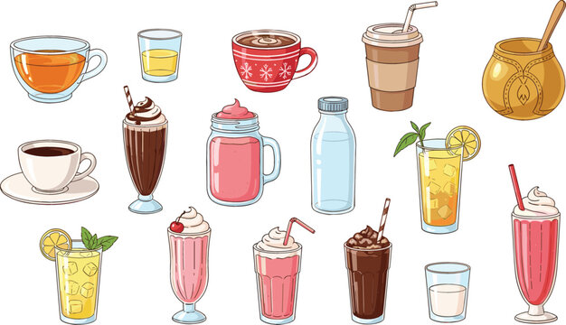 Variety of drinks illustration set including tea, coffee, milkshakes, juice, and cocktails, colorful beverage collection for cafe menu, restaurant design, and refreshment themes