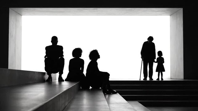 Silhouettes of multi-generational people stand and sit on steps in a modern architectural space.