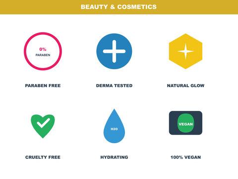 Beauty and cosmetics icon set, paraben free and vegan skincare labels, flat vector collection of 6 product quality badges for packaging design