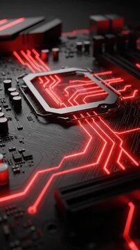 Glowing red sparce circuit animation on motherboard with LED highlights showcasing modern technology and design