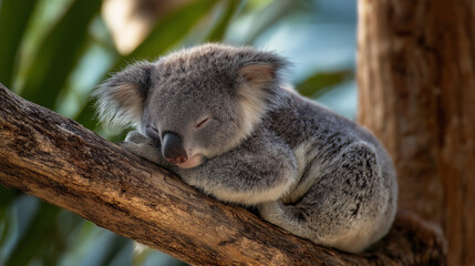 Obraz premium Cute Koala Sleeping on Tree Branch – Adorable Wildlife Animal Resting in Natural Habitat