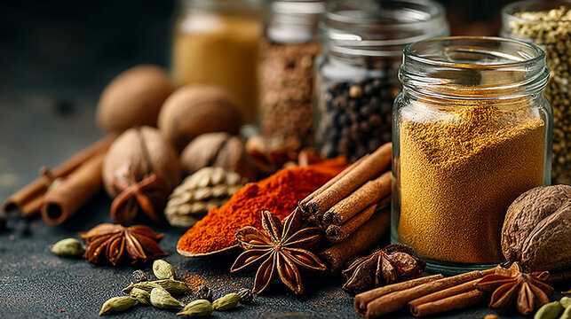 Assortment of spices and nuts in jars and bowls with star anise spice rack spice blend