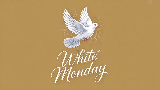 White dove with light rays on a golden background and "white monday" text background typography calligraphy greeting illustration religious spiritual celebration announcement