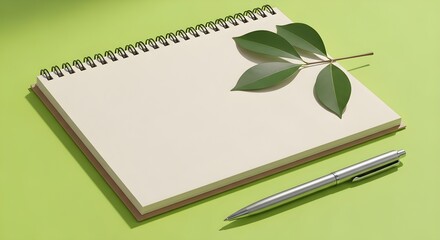 Fototapeta premium Spiral notebook with pen and green leaves on a light green background