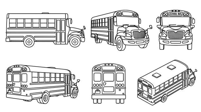 School Bus Line Art Collection with Various Angles and Views