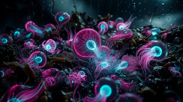 Bioluminescent organisms glowing in a surreal dark environment, alien lifeforms illuminating a deep sea habitat.