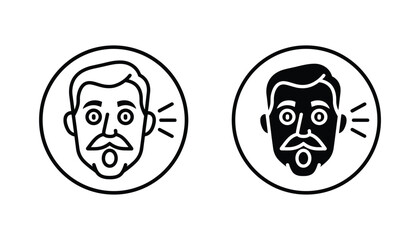 Fototapeta premium Set of minimalist linear and solid black vector icons featuring circular portraits of men with mustaches and expressive facial features isolated on a clean white background for modern graphic design