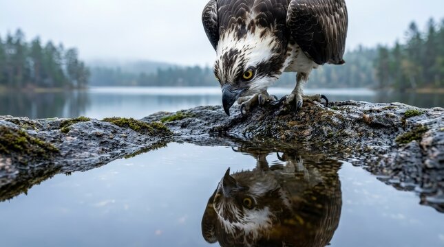 Osprey bird looking at its reflection in water