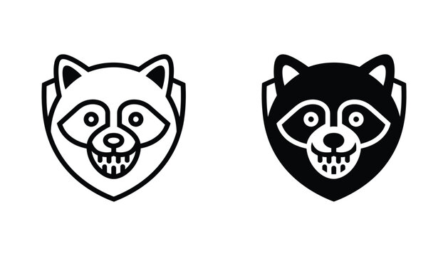 Raccoon head mascot logo design featuring bold linear and solid black vector illustrations of a clever woodland animal isolated on a white background for wildlife and adventure brand identity