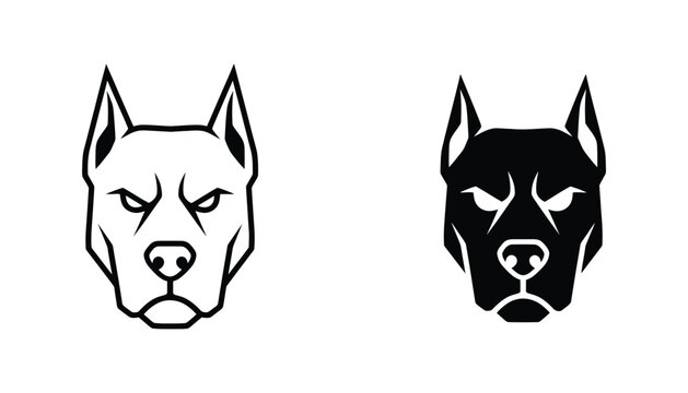 Aggressive pitbull dog head icon set in minimalist black and white line art and solid silhouette style for pet branding and security company logos