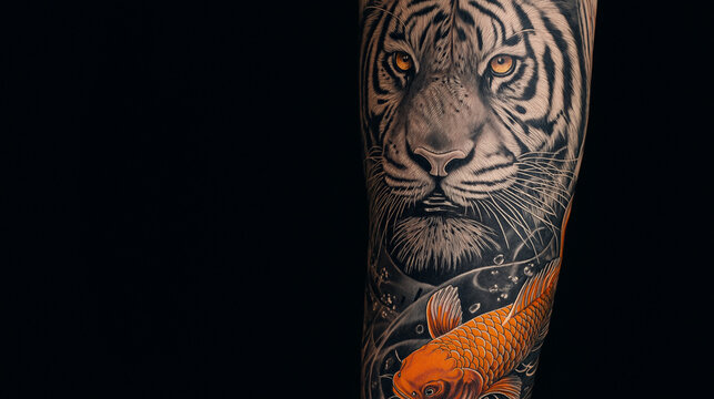 Japanese Style Forearm Sleeve Tattoo Design with Woman, Tiger and Fish &ndash; Detailed Black and Gray Illustration
