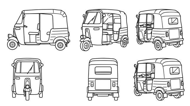 Set of minimalistic tuk-tuks in line art vector outlines.