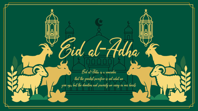 Eid al-Adha, a sophisticated emerald and gold vector artwork featuring silhouettes of mosques, decorative lanterns, and sacrificial animals, honors the sincerity and devotion of this Grand Festival.