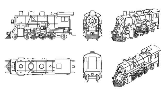 Line Art Collection of Vintage Locomotive Trains in Simple Outline