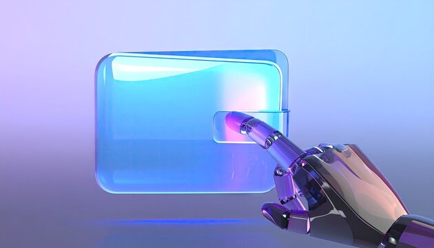 Futuristic Robotic Hand Touching Transparent Glass Digital Wallet in Neon Cyber Space