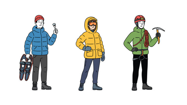 Winter Sport Enthusiasts with Mountaineering & Climbing Gear. Set of People in Warm Clothing Holding Snowshoes, Ice Axe & Equipment.