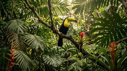 Naklejka premium Toucan perched on a branch in a lush rainforest